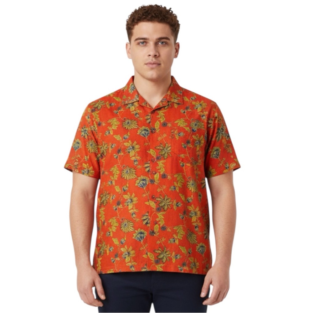 NWT RAGA Man Orange Floral Button-Up Short Sleeve Coastal Preppy Shirt Size XXL
